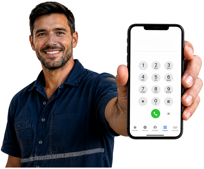 Middle Dural Blocked Drains plumber holding a phone — call 1300 261 965