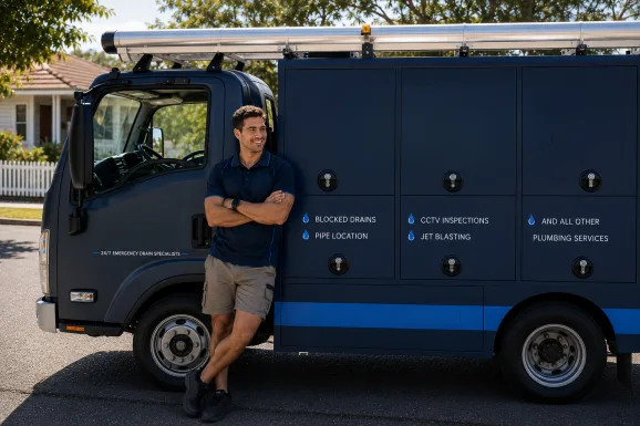 Plumber standing beside a service van in Middle Dural