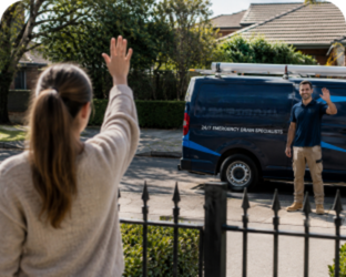 Customer waving goodbye to a Middle Dural Blocked Drains plumber